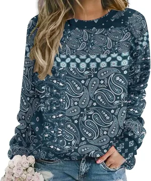 Womens Paisley Print Sweatshirt Oversized Loose Graphic Crewneck Sweatshirts Casual Long Raglan Sleeve Pullover Tops