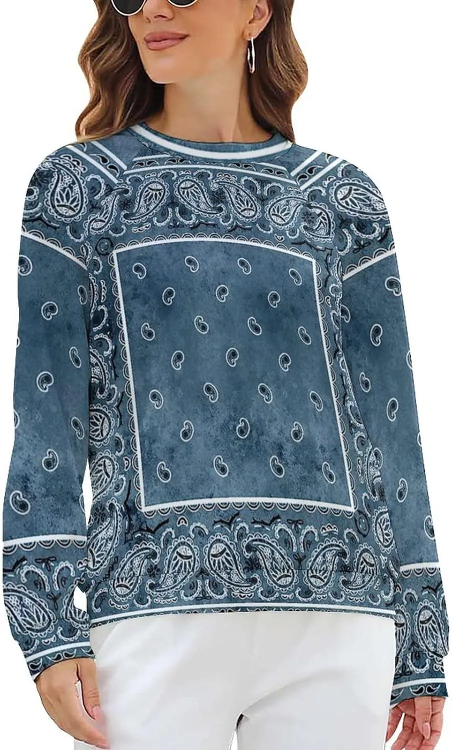 Womens Paisley Print Sweatshirt Oversized Loose Graphic Crewneck Sweatshirts Casual Long Raglan Sleeve Pullover Tops
