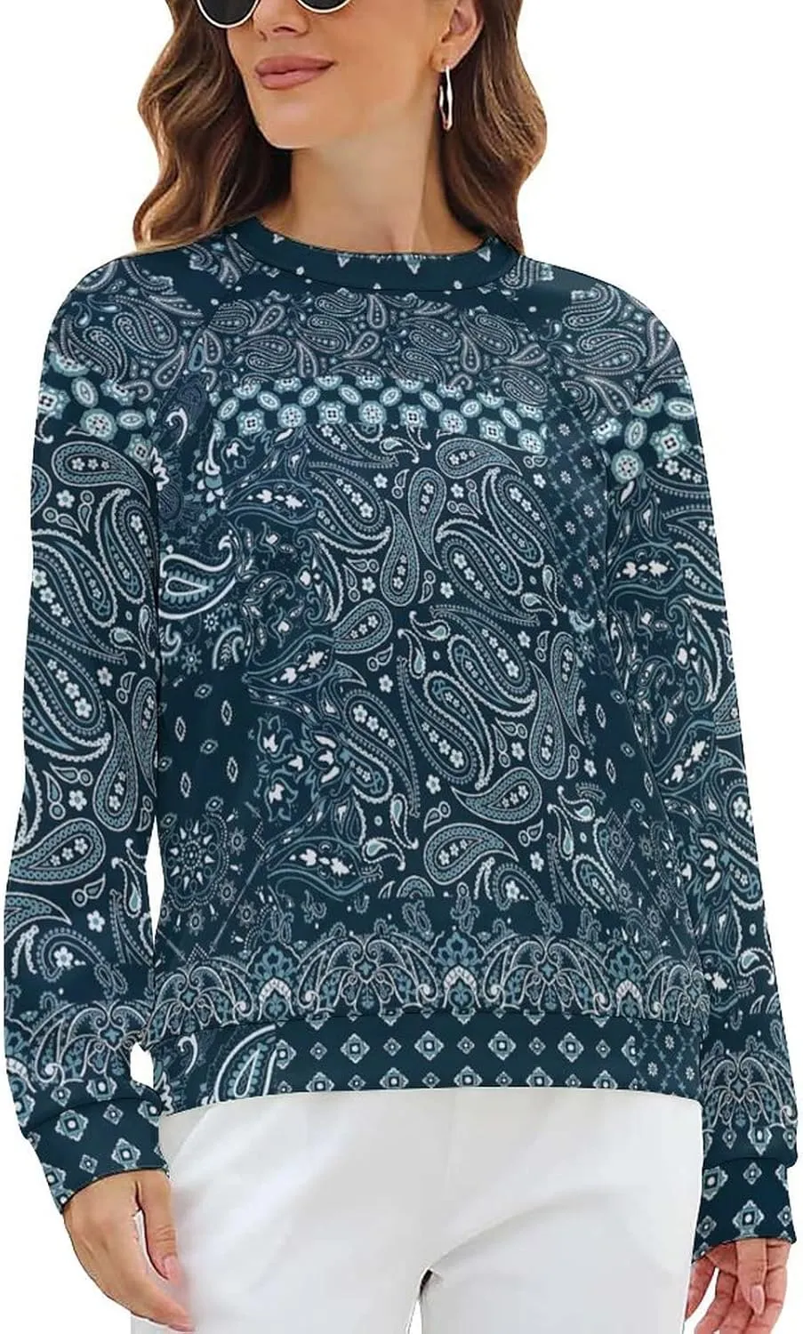 Womens Paisley Print Sweatshirt Oversized Loose Graphic Crewneck Sweatshirts Casual Long Raglan Sleeve Pullover Tops