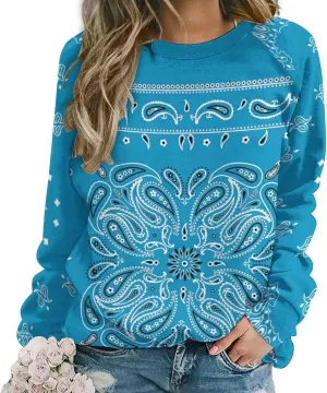 Womens Paisley Print Sweatshirt Oversized Loose Graphic Crewneck Sweatshirts Casual Long Raglan Sleeve Pullover Tops