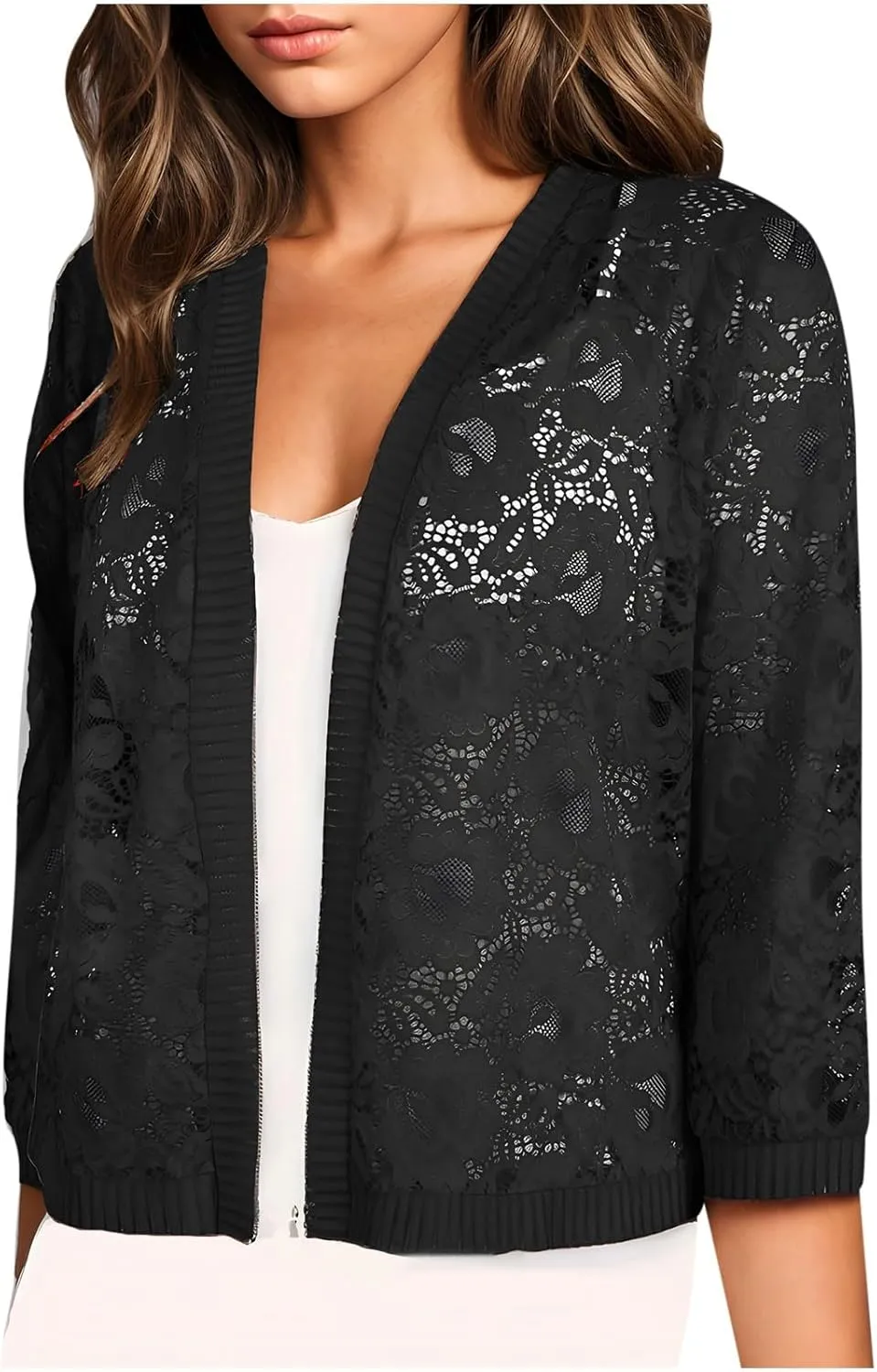 Womens Plus Size Cropped Cardigans Lightweight 3/4 Sleeve Lace Crochet Shrug Dressy Casual Sheer Cover Up Tops