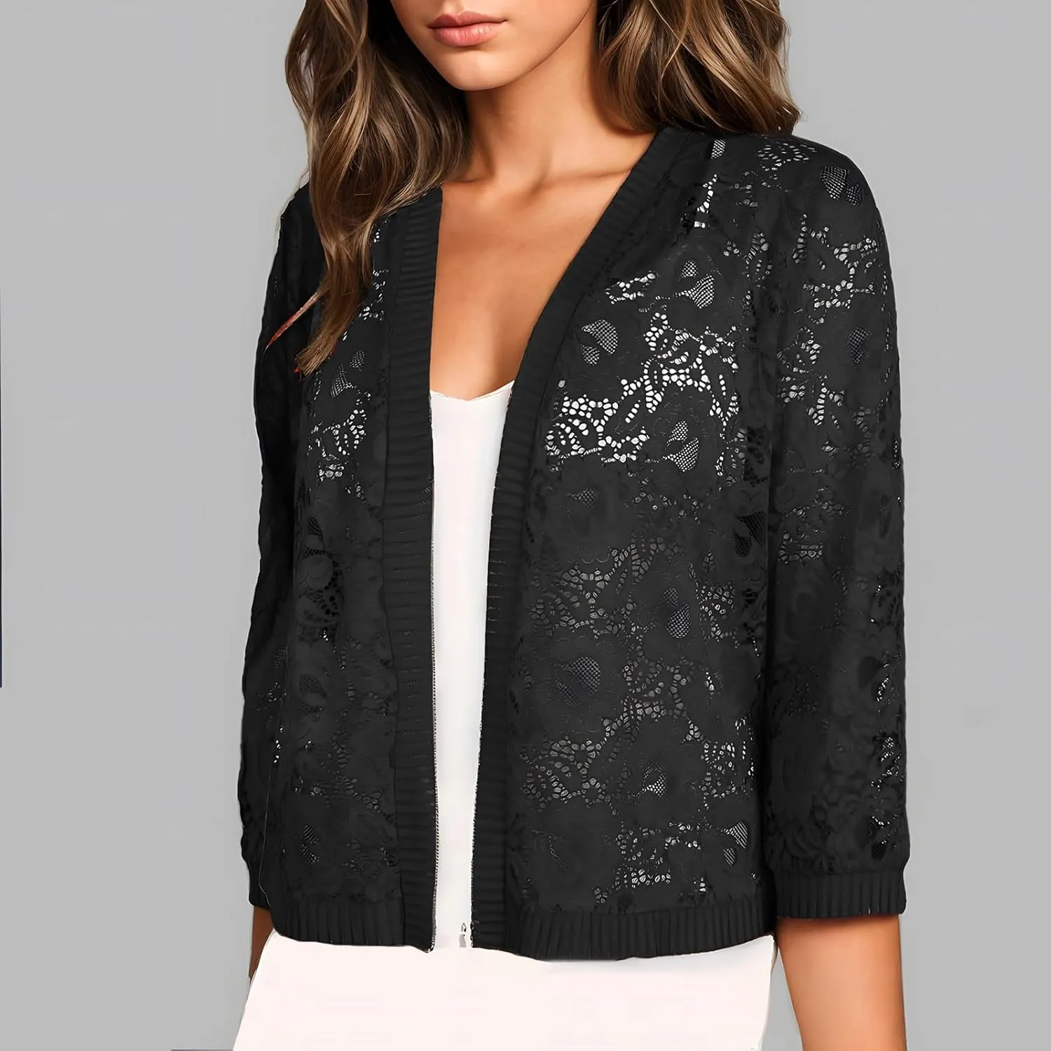 Womens Plus Size Cropped Cardigans Lightweight 3/4 Sleeve Lace Crochet Shrug Dressy Casual Sheer Cover Up Tops