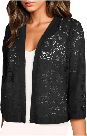 Womens Plus Size Cropped Cardigans Lightweight 3/4 Sleeve Lace Crochet Shrug Dressy Casual Sheer Cover Up Tops