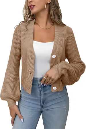 Womens Puff Sleeve Cardigan Long Sleeve Open Front Button Down Knit Sweaters