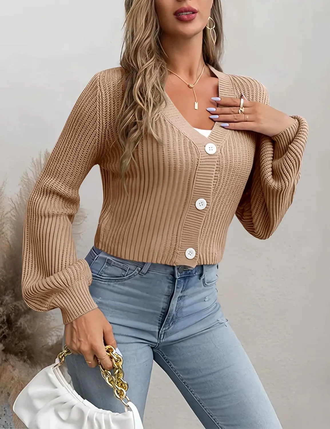 Womens Puff Sleeve Cardigan Long Sleeve Open Front Button Down Knit Sweaters