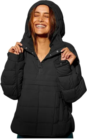 Women's Quilted Pullover Puffer Jacket Packable Hooded Padded Oversized Hoodie Dolman Long Sleeve Warm Winter Coat