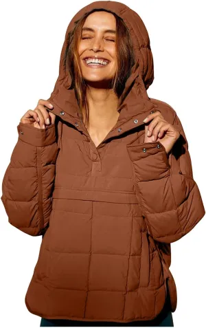 Women's Quilted Pullover Puffer Jacket Packable Hooded Padded Oversized Hoodie Dolman Long Sleeve Warm Winter Coat