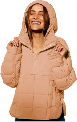 Women's Quilted Pullover Puffer Jacket Packable Hooded Padded Oversized Hoodie Dolman Long Sleeve Warm Winter Coat