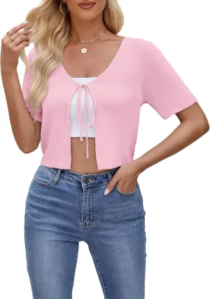 Womens Short Sleeve Cardigan Tie Front Knit Shrug for Dress Sweaters Crop Tops