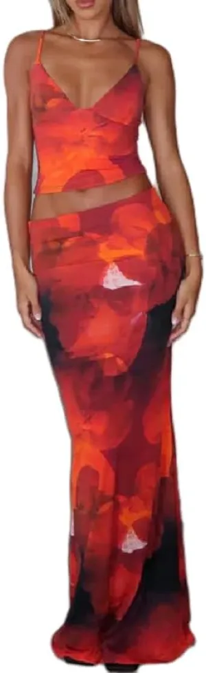 Womens Summer Tie Dye Print 2 Piece Skirts Set Halter Neck Vest Top with Long Skirt 2Pcs Skirt Set Clubwear Skirt Set