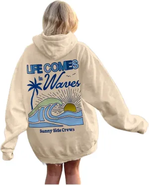 Womens Sweatshirts Life Comes in Waves Print Sweatshirts Oversized Hoodies for Women Long Sleeve Tunic Tops Drawstring Fall Winter Outfit Pink pom Puff Hoodie Beige Large