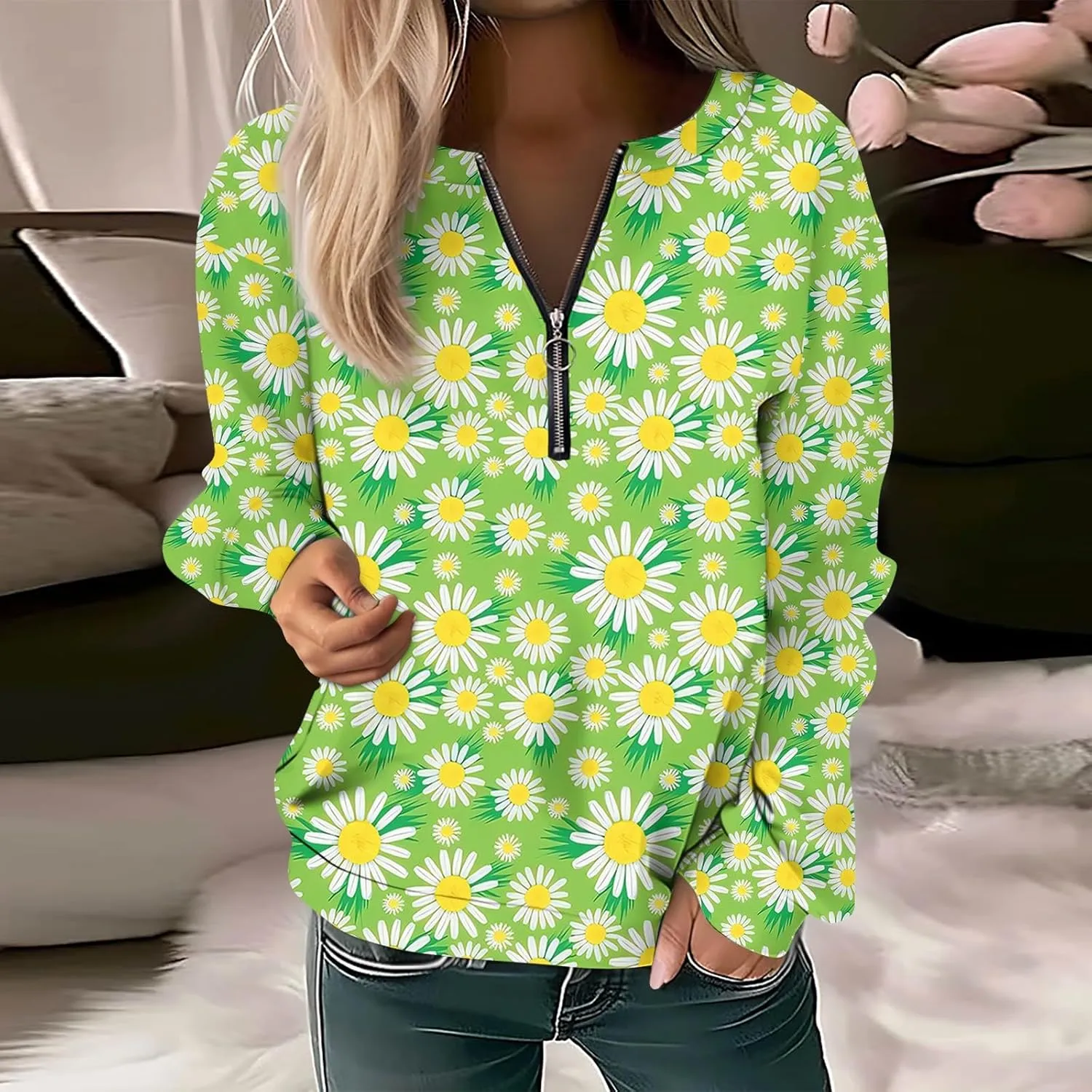 Women's Sweatshirts Trendy Graphic Print Crew Neck Half Zip Long Sleeve Tops 2024 Fall Casual Fashion Outfits
