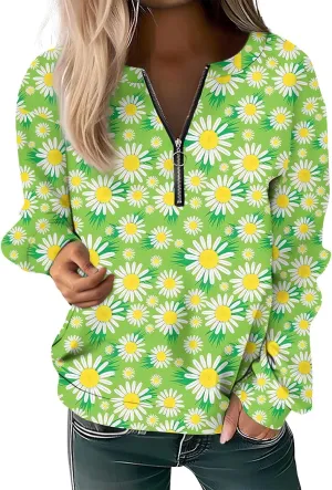 Women's Sweatshirts Trendy Graphic Print Crew Neck Half Zip Long Sleeve Tops 2024 Fall Casual Fashion Outfits