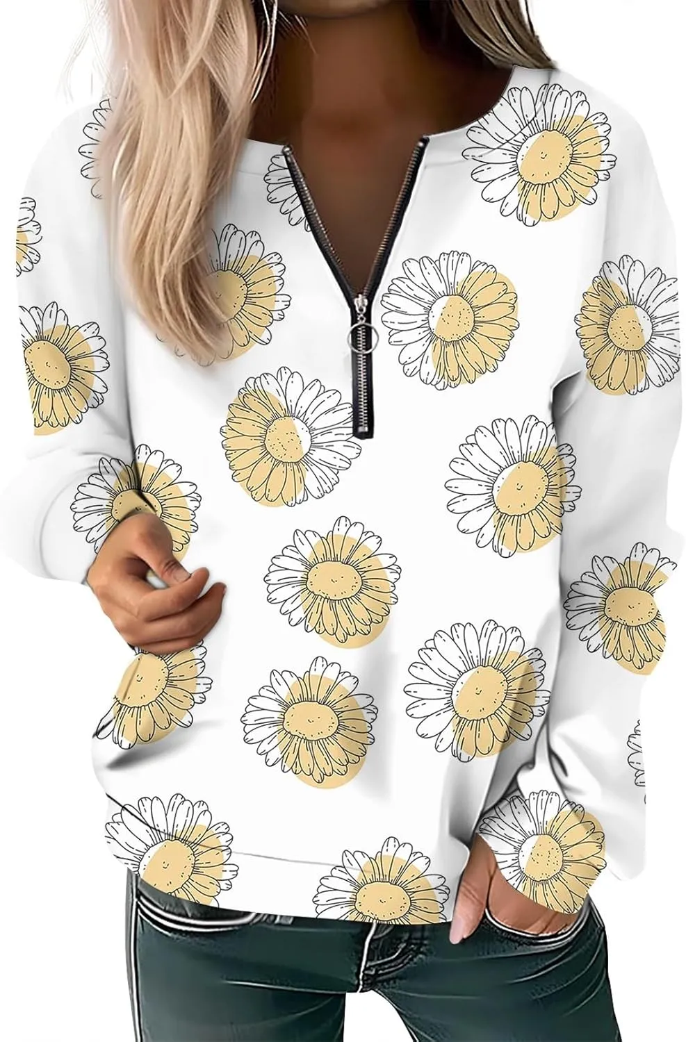 Women's Sweatshirts Trendy Graphic Print Crew Neck Half Zip Long Sleeve Tops 2024 Fall Casual Fashion Outfits