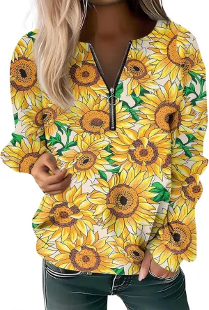Women's Sweatshirts Trendy Graphic Print Crew Neck Half Zip Long Sleeve Tops 2024 Fall Casual Fashion Outfits