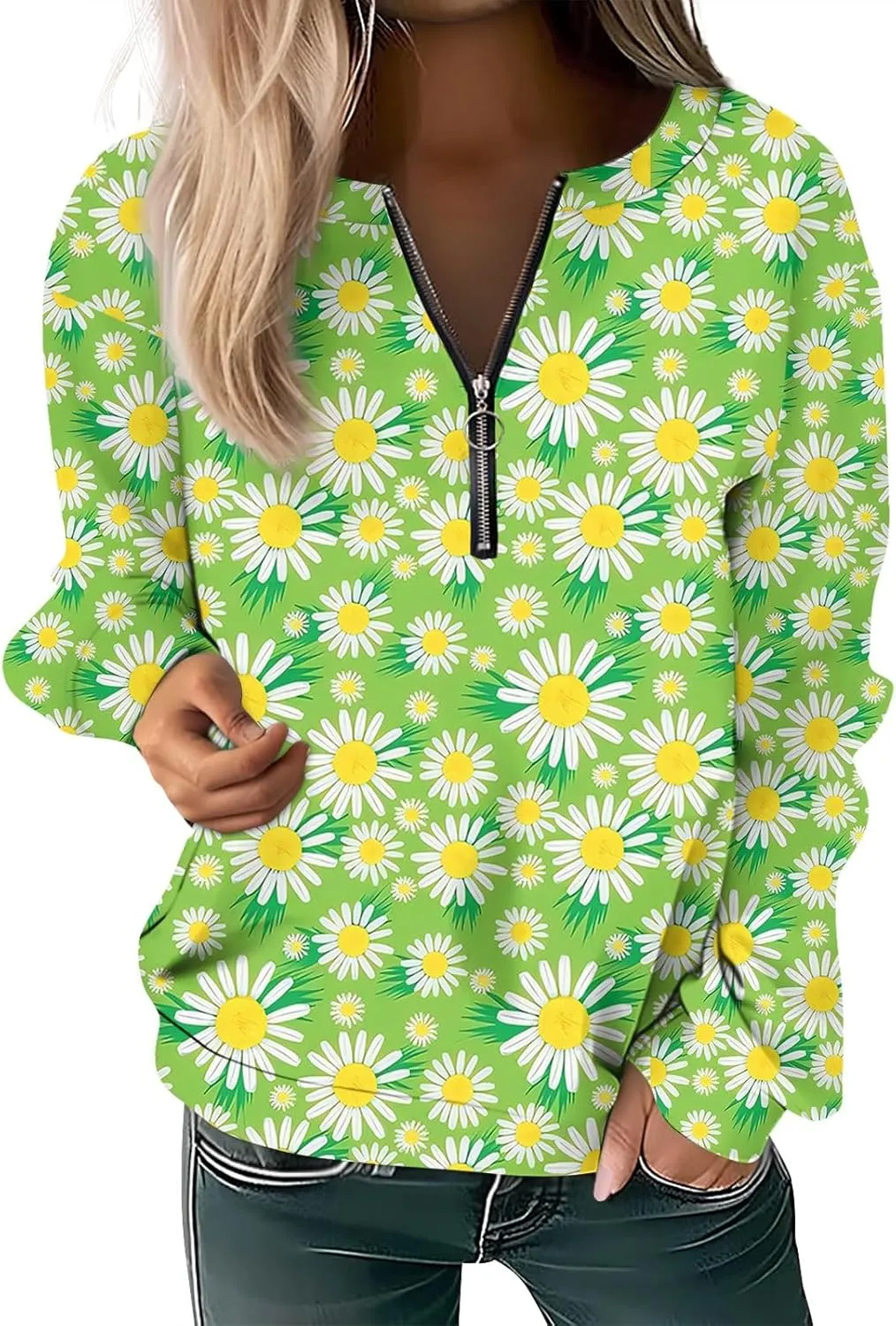Women's Sweatshirts Trendy Graphic Print Crew Neck Half Zip Long Sleeve Tops 2024 Fall Casual Fashion Outfits