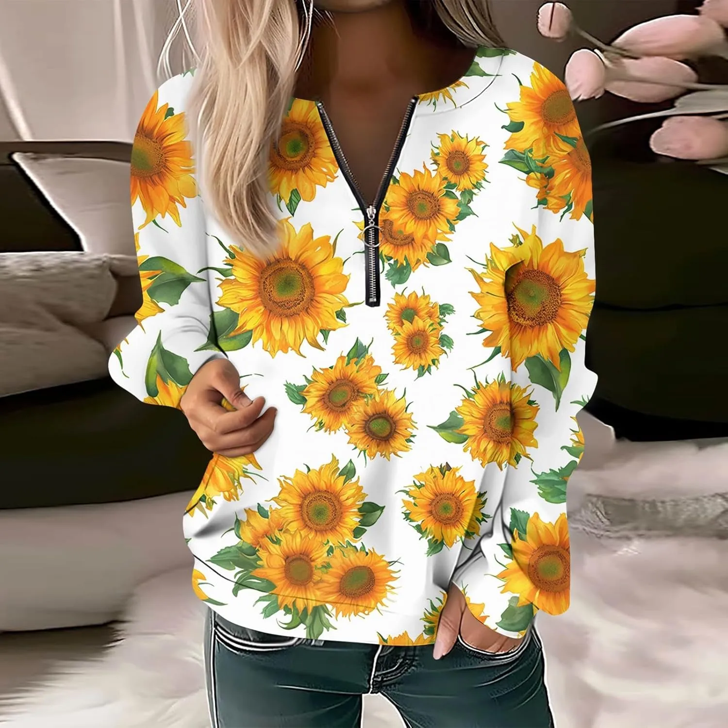 Women's Sweatshirts Trendy Graphic Print Crew Neck Half Zip Long Sleeve Tops 2024 Fall Casual Fashion Outfits