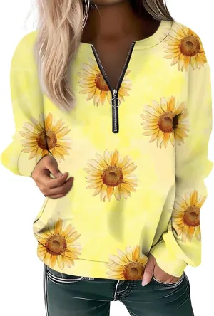 Women's Sweatshirts Trendy Graphic Print Crew Neck Half Zip Long Sleeve Tops 2024 Fall Casual Fashion Outfits