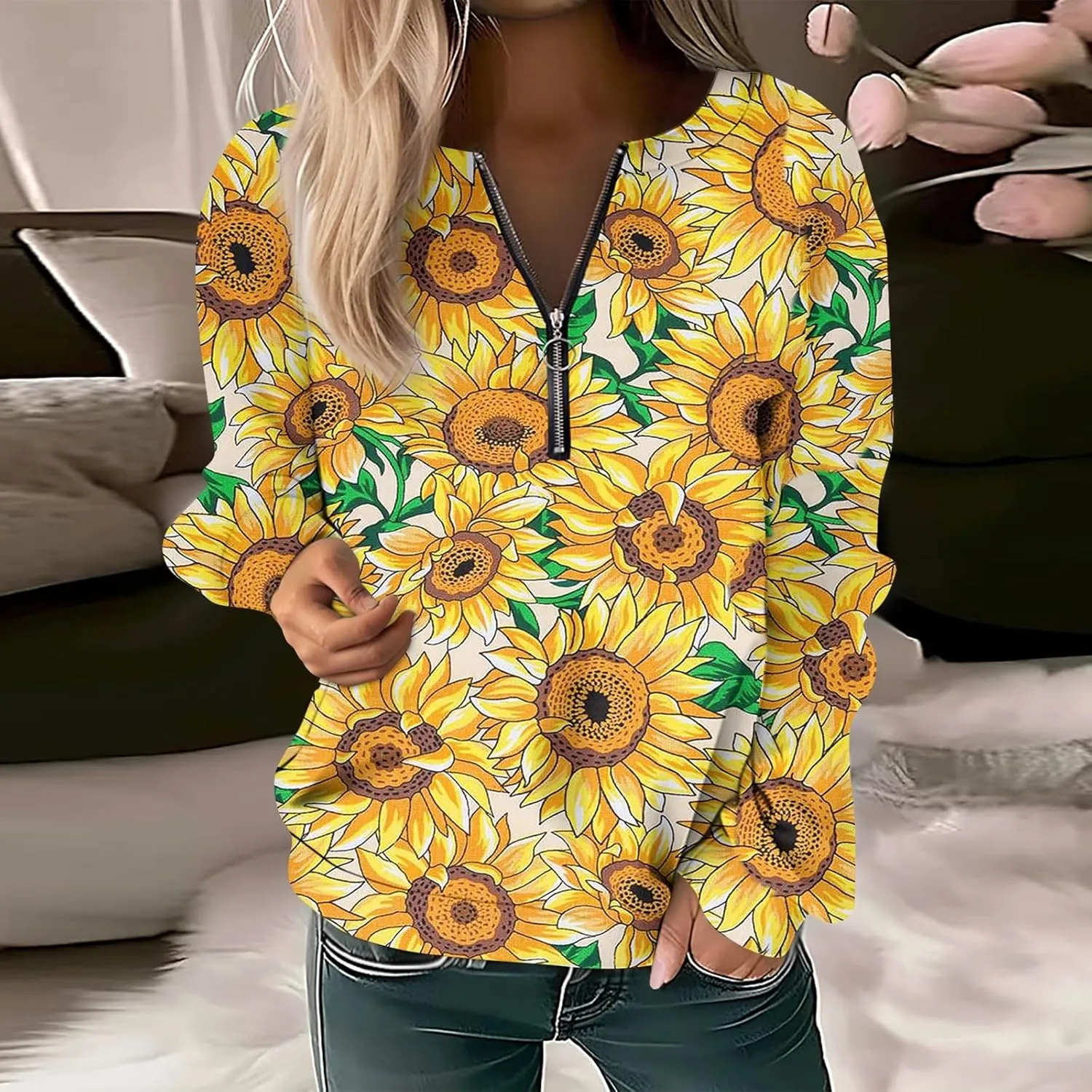 Women's Sweatshirts Trendy Graphic Print Crew Neck Half Zip Long Sleeve Tops 2024 Fall Casual Fashion Outfits