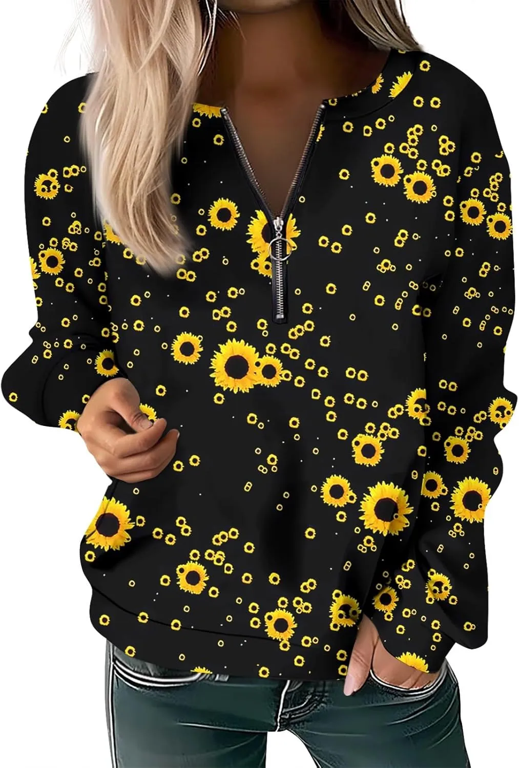 Women's Sweatshirts Trendy Graphic Print Crew Neck Half Zip Long Sleeve Tops 2024 Fall Casual Fashion Outfits