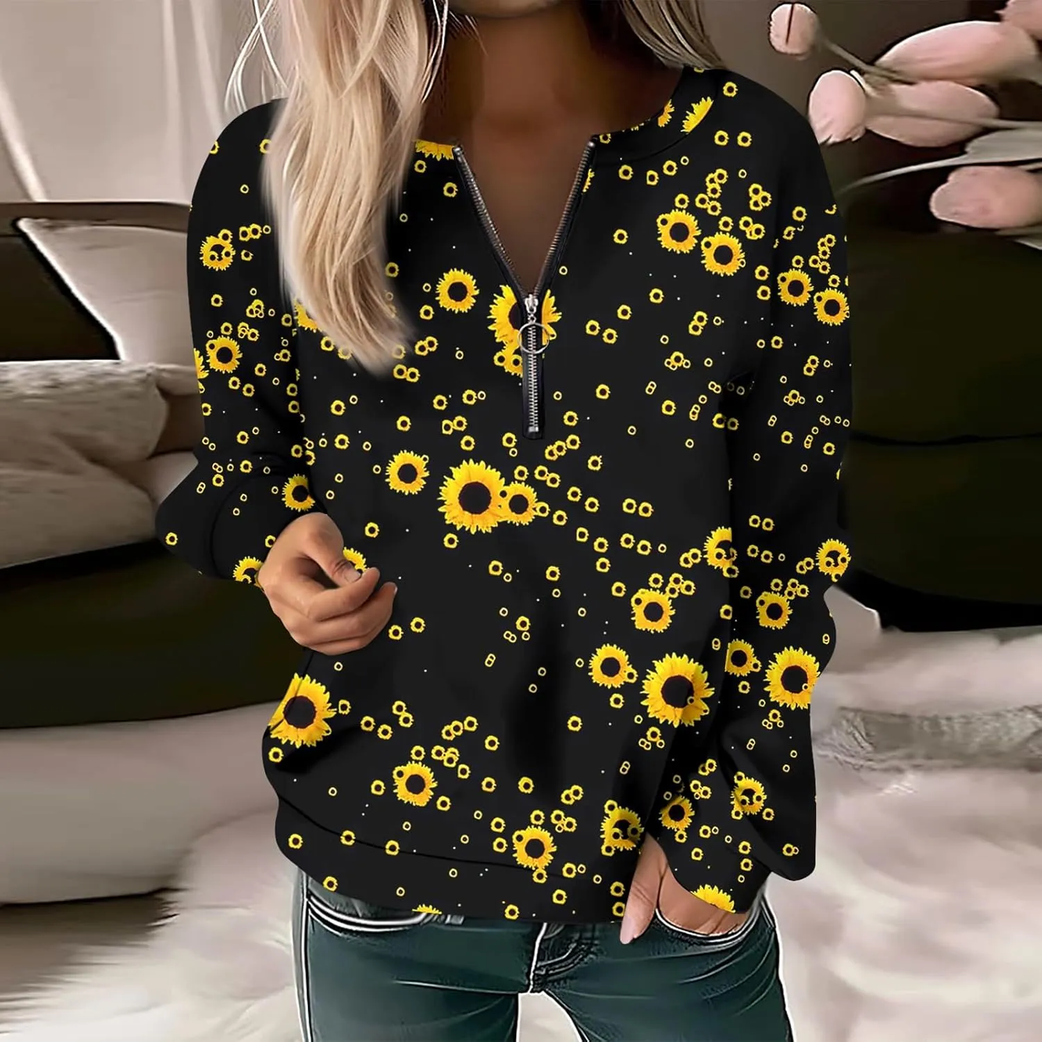 Women's Sweatshirts Trendy Graphic Print Crew Neck Half Zip Long Sleeve Tops 2024 Fall Casual Fashion Outfits