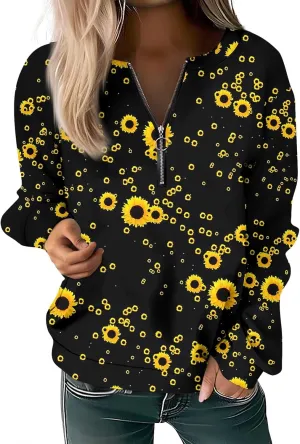 Women's Sweatshirts Trendy Graphic Print Crew Neck Half Zip Long Sleeve Tops 2024 Fall Casual Fashion Outfits