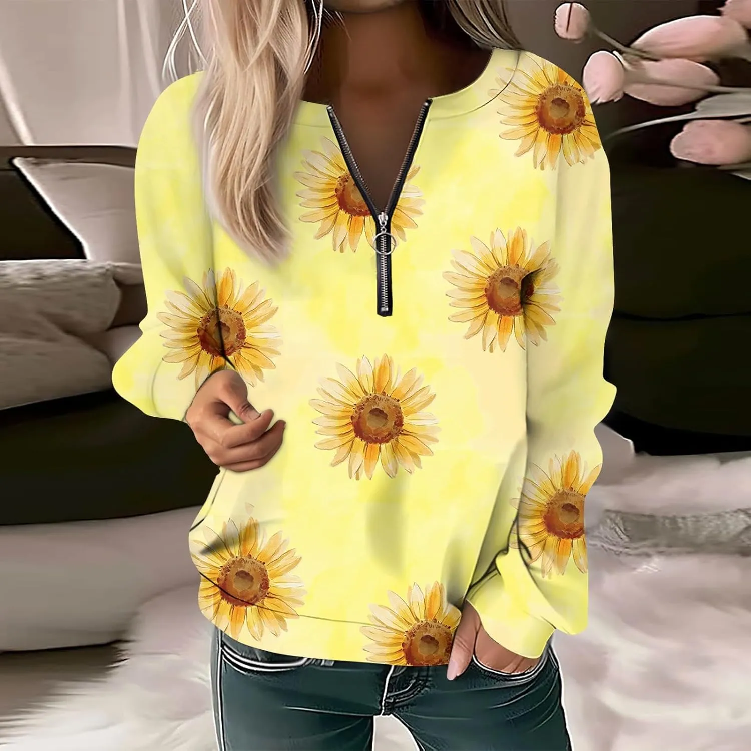 Women's Sweatshirts Trendy Graphic Print Crew Neck Half Zip Long Sleeve Tops 2024 Fall Casual Fashion Outfits