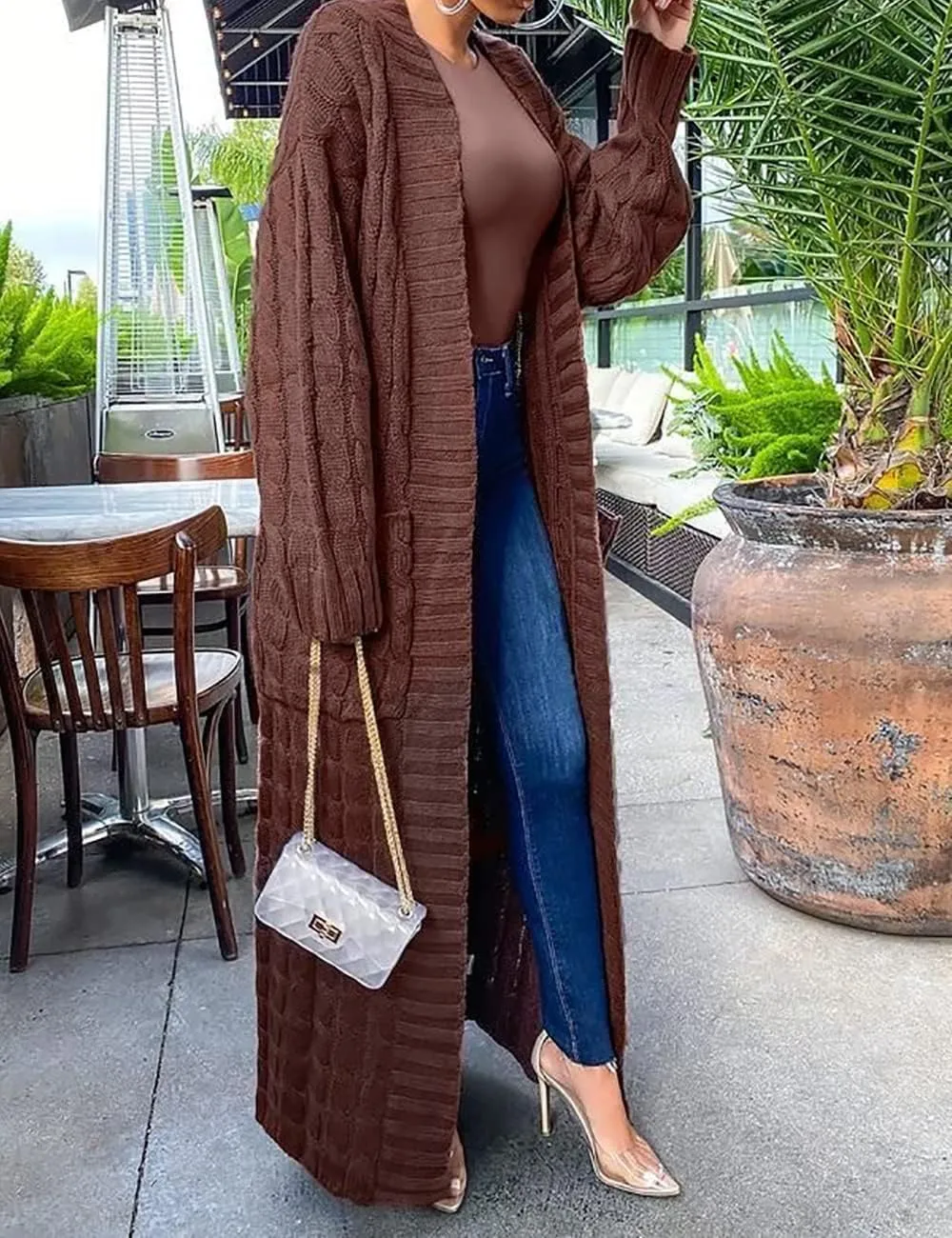 Womens Thin Stylish Cable Knit Dual Extra Long Maxi Cardigan with 2-Pockets