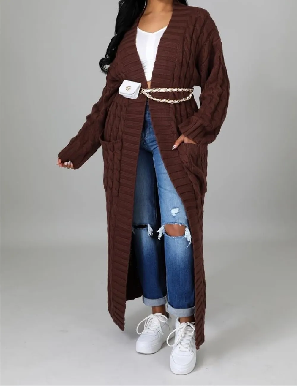 Womens Thin Stylish Cable Knit Dual Extra Long Maxi Cardigan with 2-Pockets