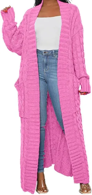 Womens Thin Stylish Cable Knit Dual Extra Long Maxi Cardigan with 2-Pockets
