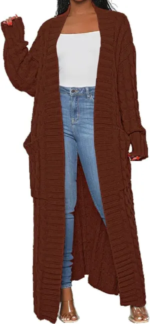 Womens Thin Stylish Cable Knit Dual Extra Long Maxi Cardigan with 2-Pockets