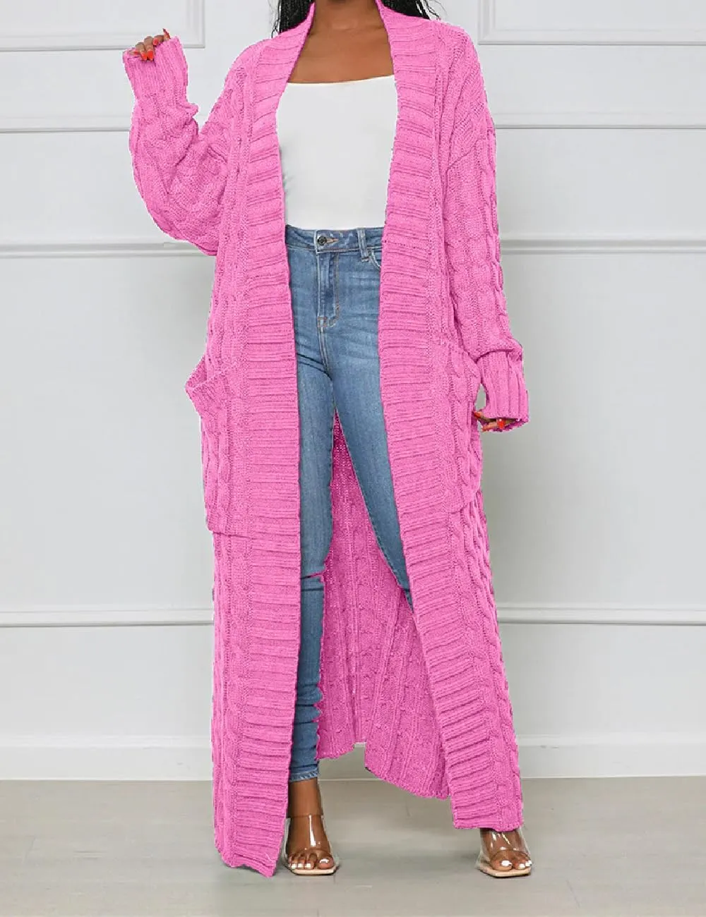 Womens Thin Stylish Cable Knit Dual Extra Long Maxi Cardigan with 2-Pockets