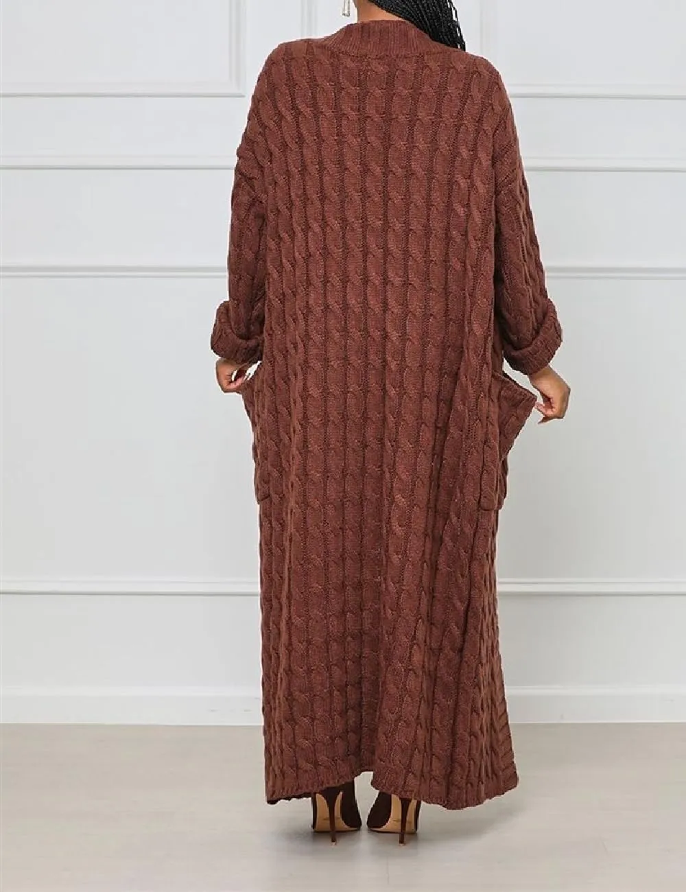 Womens Thin Stylish Cable Knit Dual Extra Long Maxi Cardigan with 2-Pockets