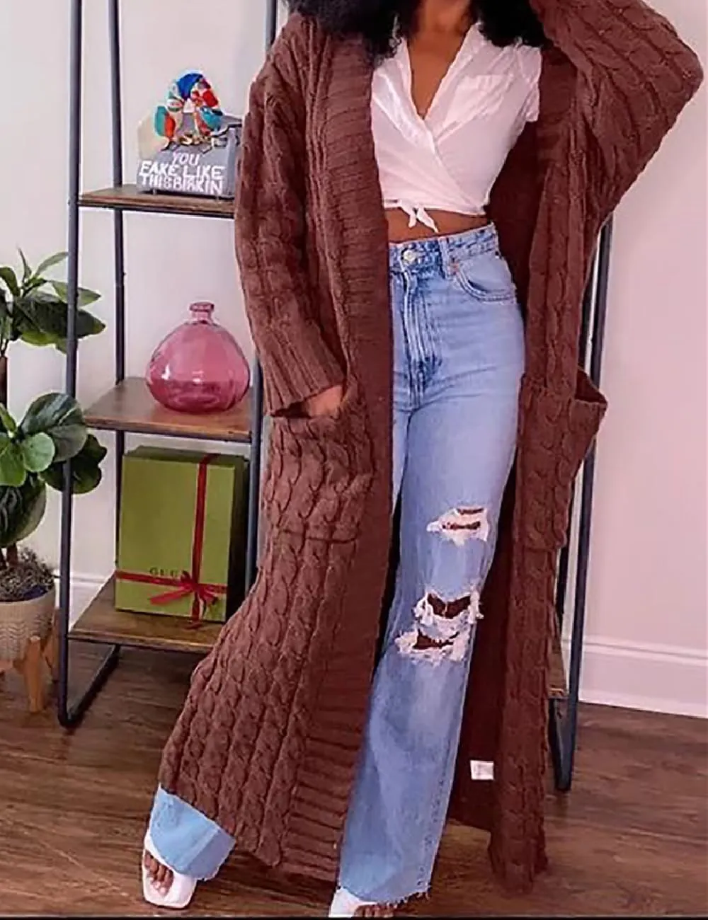 Womens Thin Stylish Cable Knit Dual Extra Long Maxi Cardigan with 2-Pockets