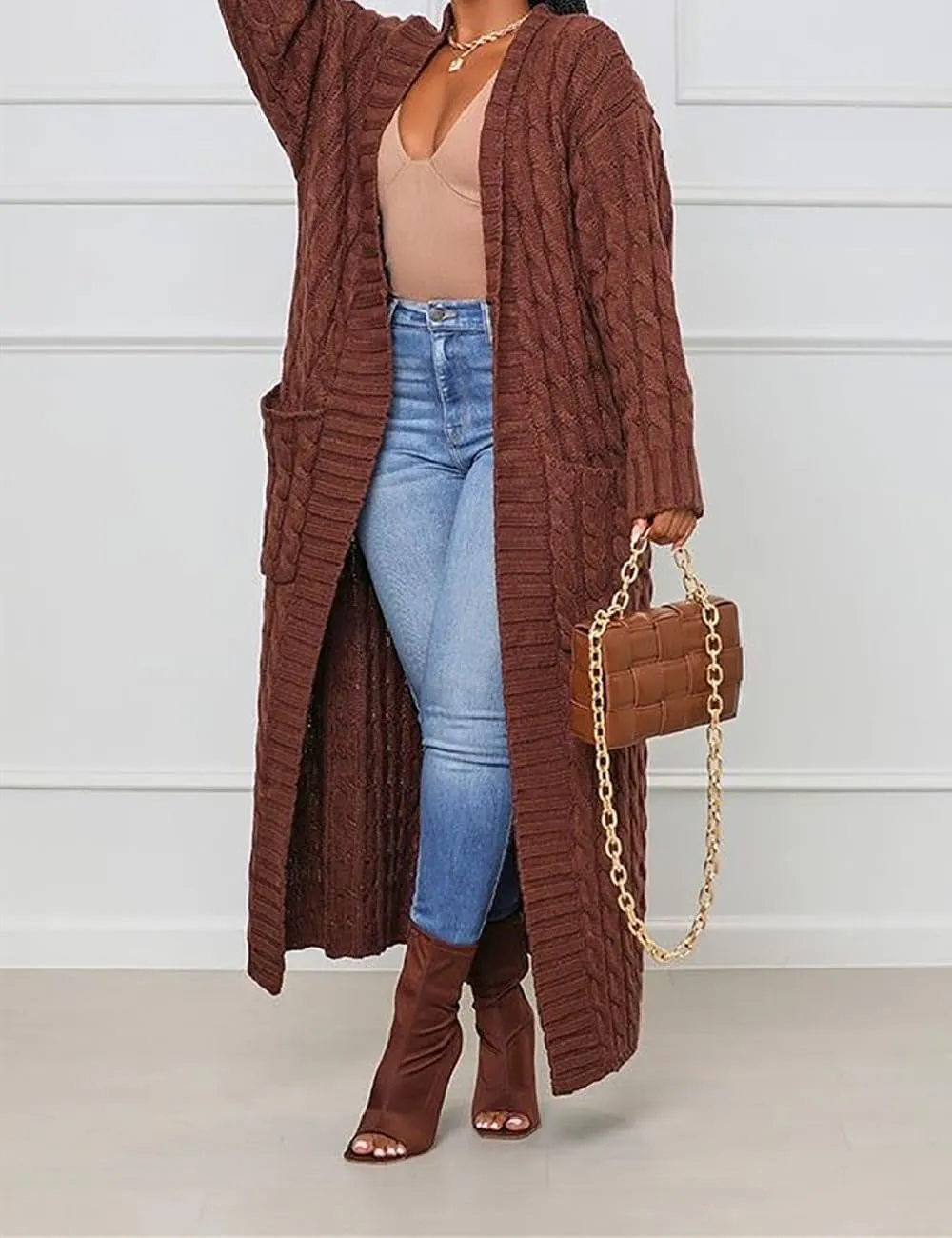 Womens Thin Stylish Cable Knit Dual Extra Long Maxi Cardigan with 2-Pockets