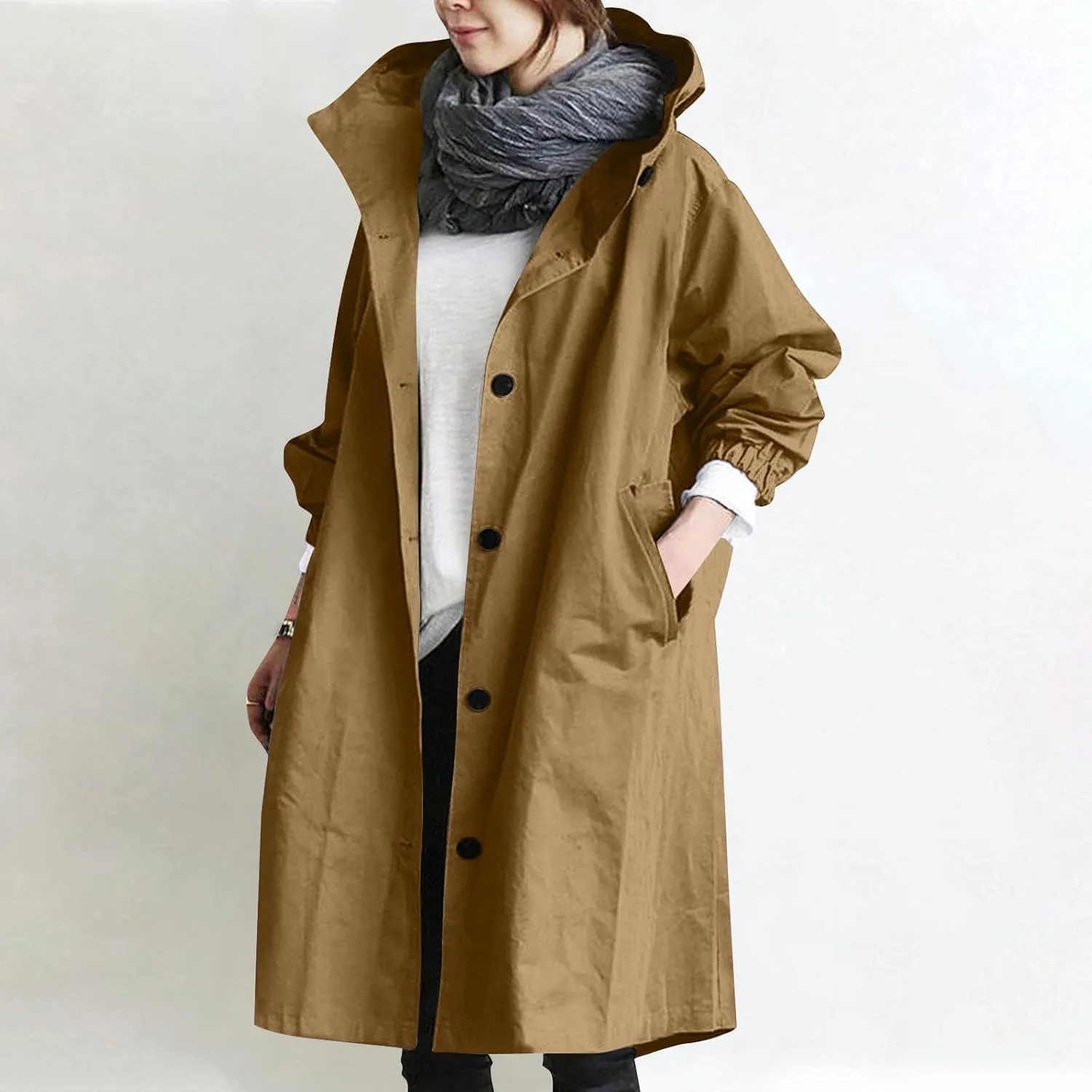 Womens Trench Coat Lightweight Hooded Waterproof Rain Jacket Outdoor Button Down Oversized Windbreaker Outwear