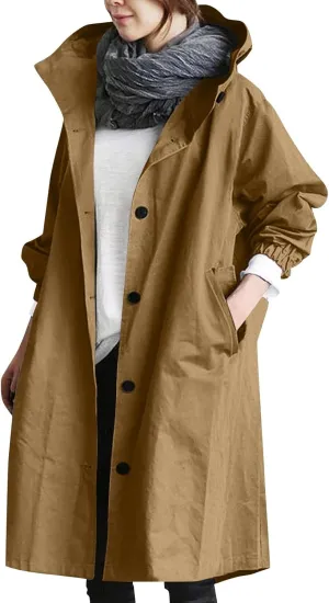 Womens Trench Coat Lightweight Hooded Waterproof Rain Jacket Outdoor Button Down Oversized Windbreaker Outwear