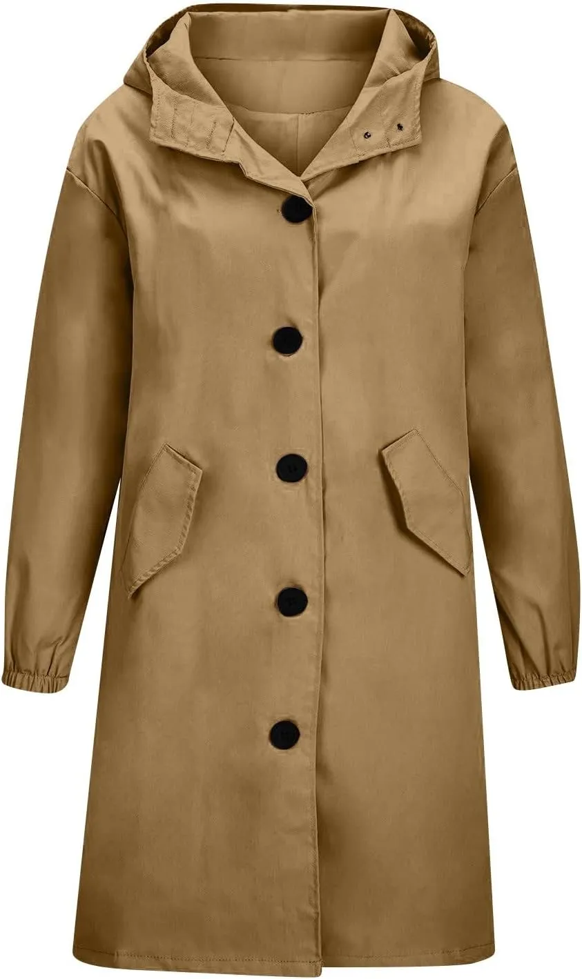 Womens Trench Coat Lightweight Hooded Waterproof Rain Jacket Outdoor Button Down Oversized Windbreaker Outwear