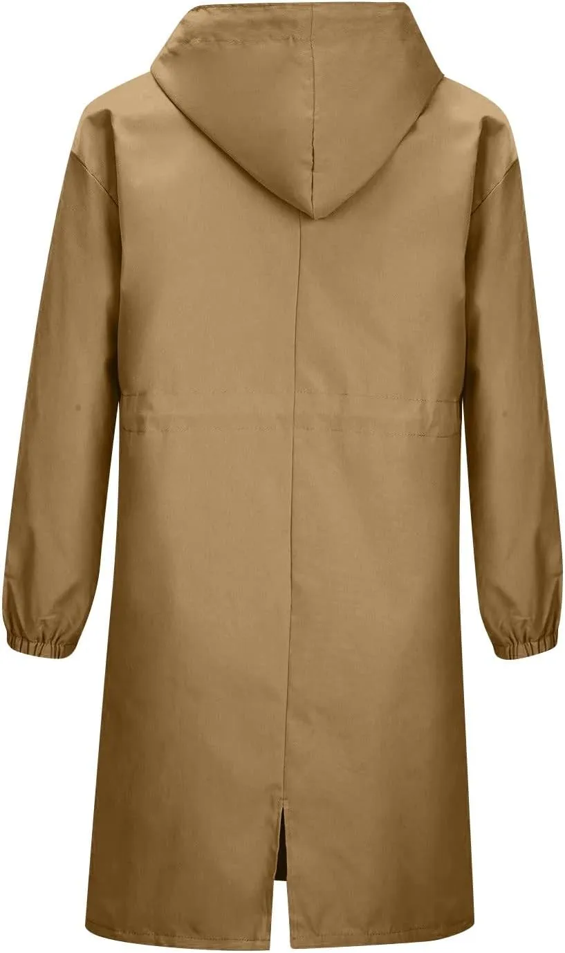 Womens Trench Coat Lightweight Hooded Waterproof Rain Jacket Outdoor Button Down Oversized Windbreaker Outwear