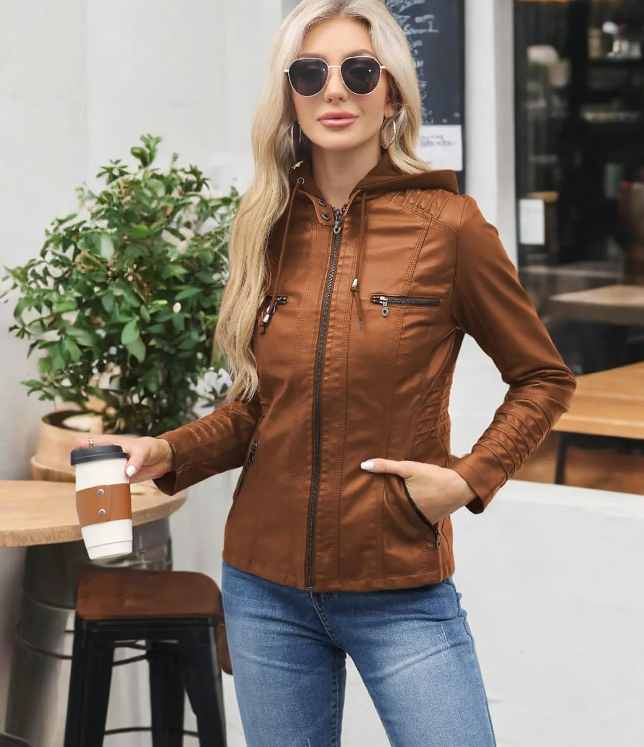 Women's Trendy Faux Leather Jacket Moto Short Jacket Fashion PU Jacket Coat