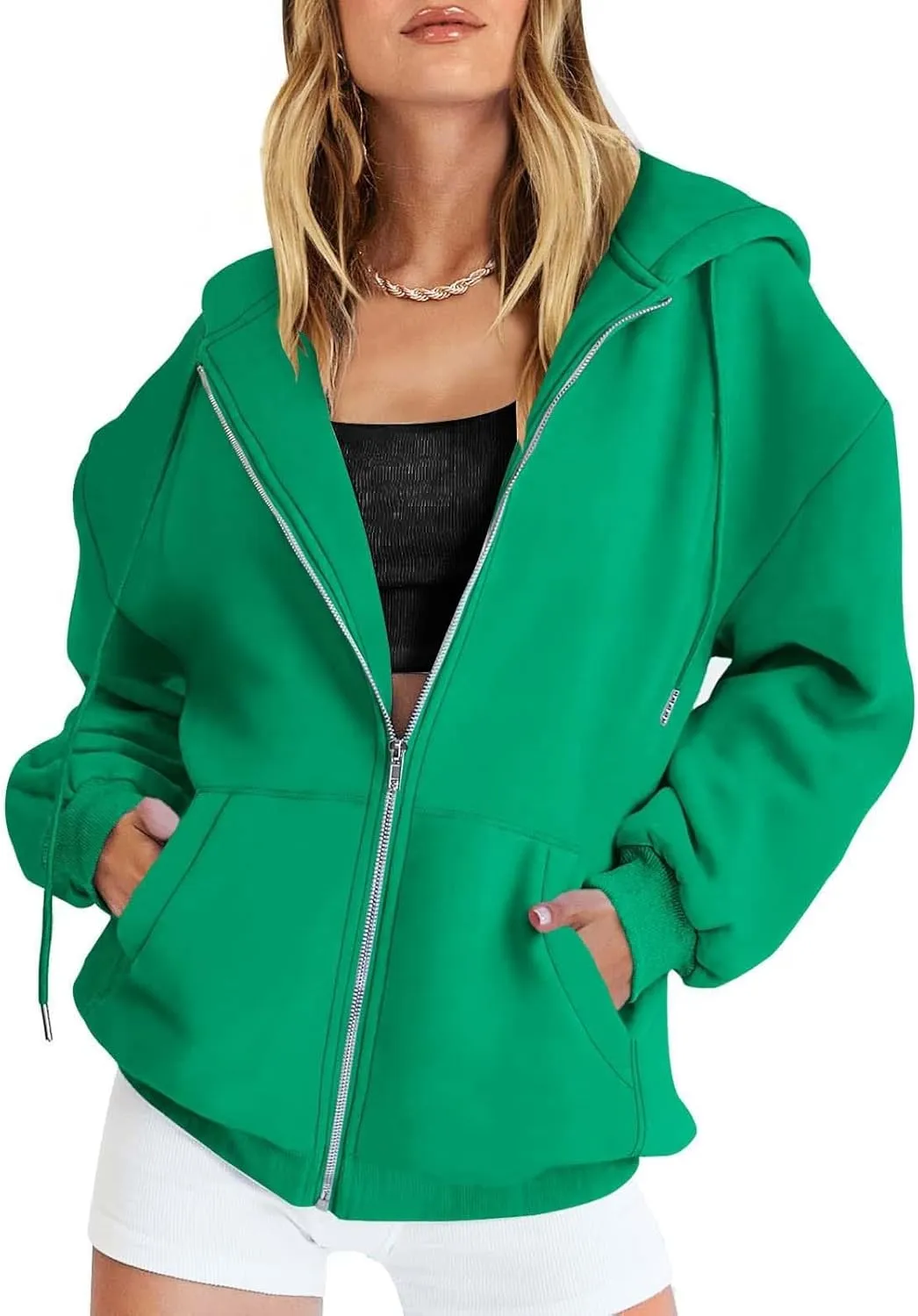 Women's Zip Up Hoodies Solid Color Oversized Sweatshirt Clothing Fall Casual Drawstring Jacket with Pockets