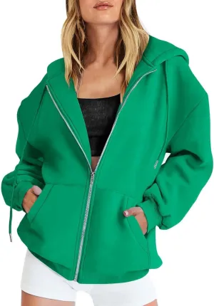 Women's Zip Up Hoodies Solid Color Oversized Sweatshirt Clothing Fall Casual Drawstring Jacket with Pockets