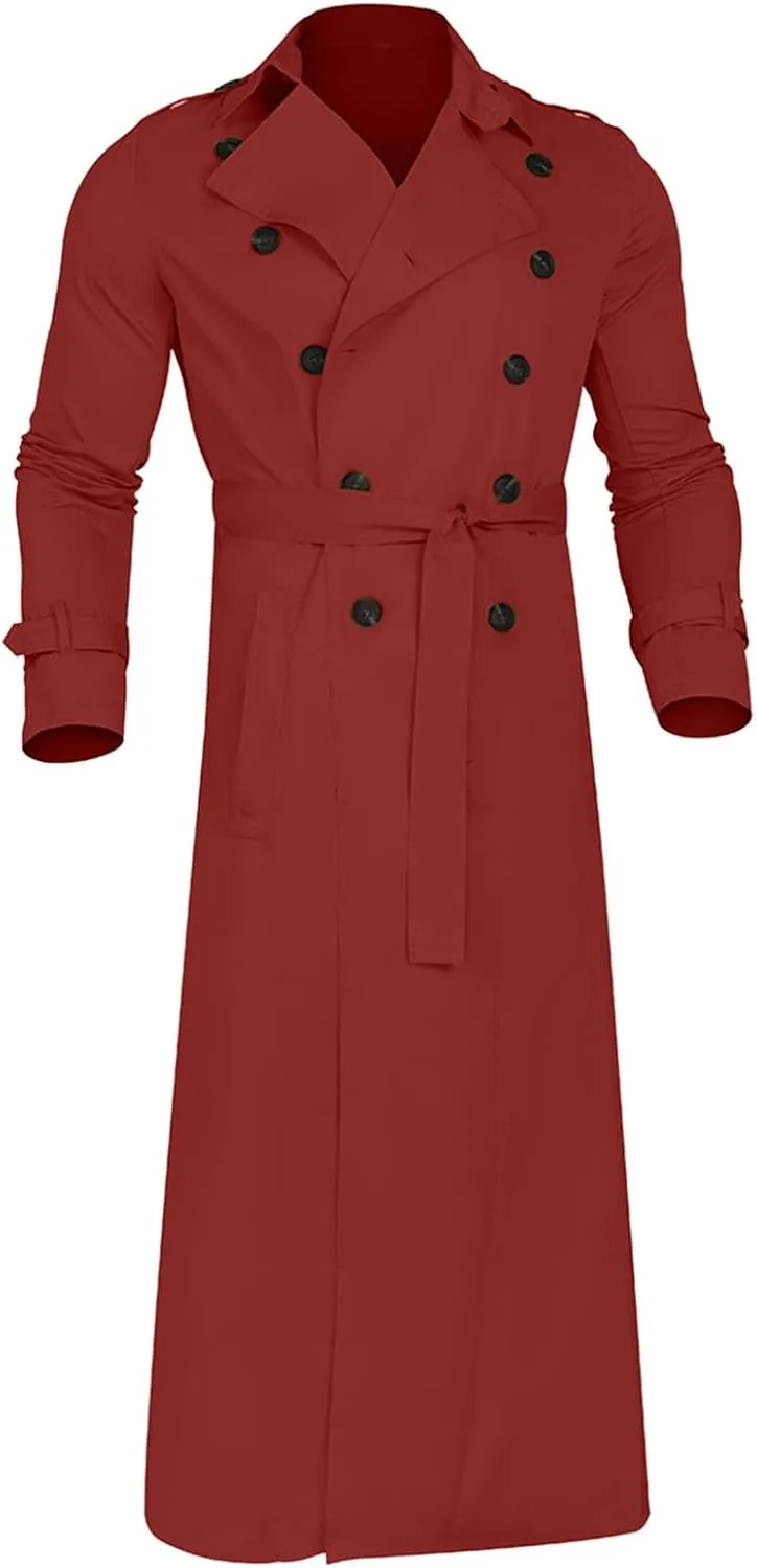 Xiaojmake Men's Slim Fit Trench Coat Double Breasted Mid-Long Jacket Notched Lapel Belted Windbreaker Fall Windproof Coat Top