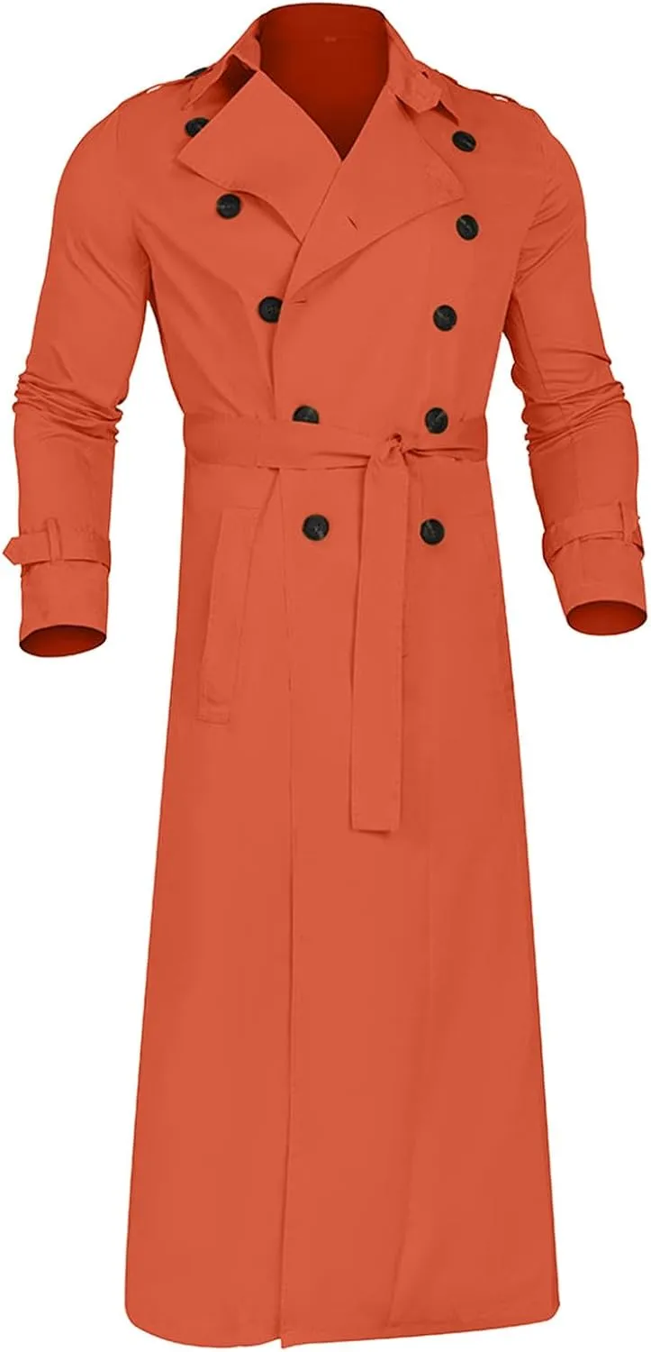 Xiaojmake Men's Slim Fit Trench Coat Double Breasted Mid-Long Jacket Notched Lapel Belted Windbreaker Fall Windproof Coat Top