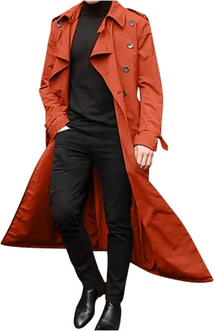 Xiaojmake Men's Slim Fit Trench Coat Double Breasted Mid-Long Jacket Notched Lapel Belted Windbreaker Fall Windproof Coat Top