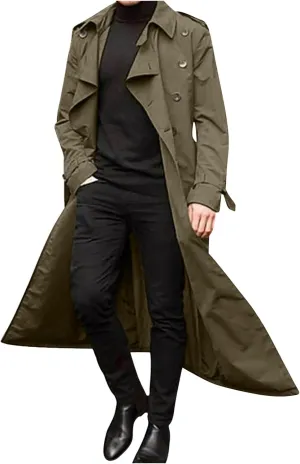 Xiaojmake Men's Slim Fit Trench Coat Double Breasted Mid-Long Jacket Notched Lapel Belted Windbreaker Fall Windproof Coat Top