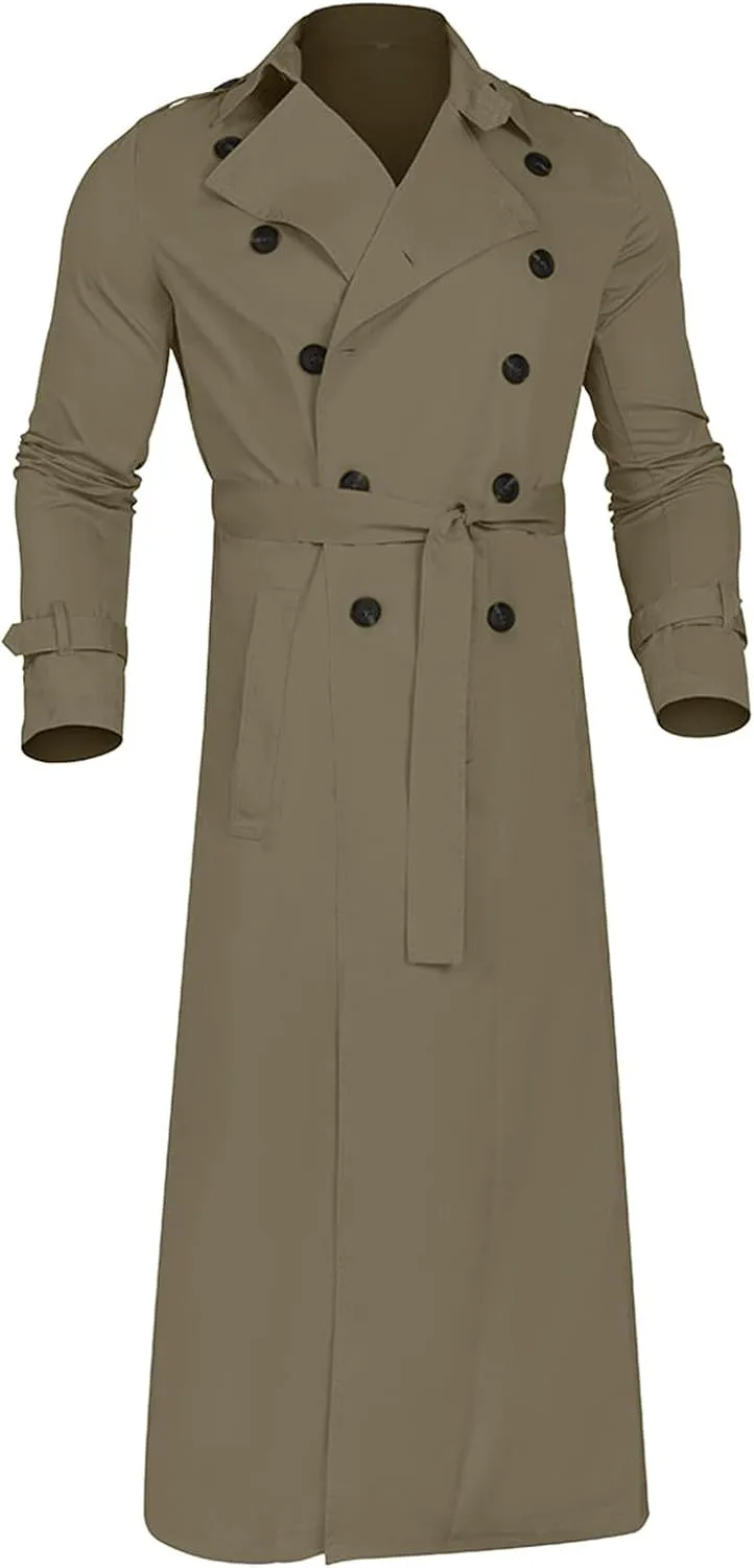 Xiaojmake Men's Slim Fit Trench Coat Double Breasted Mid-Long Jacket Notched Lapel Belted Windbreaker Fall Windproof Coat Top