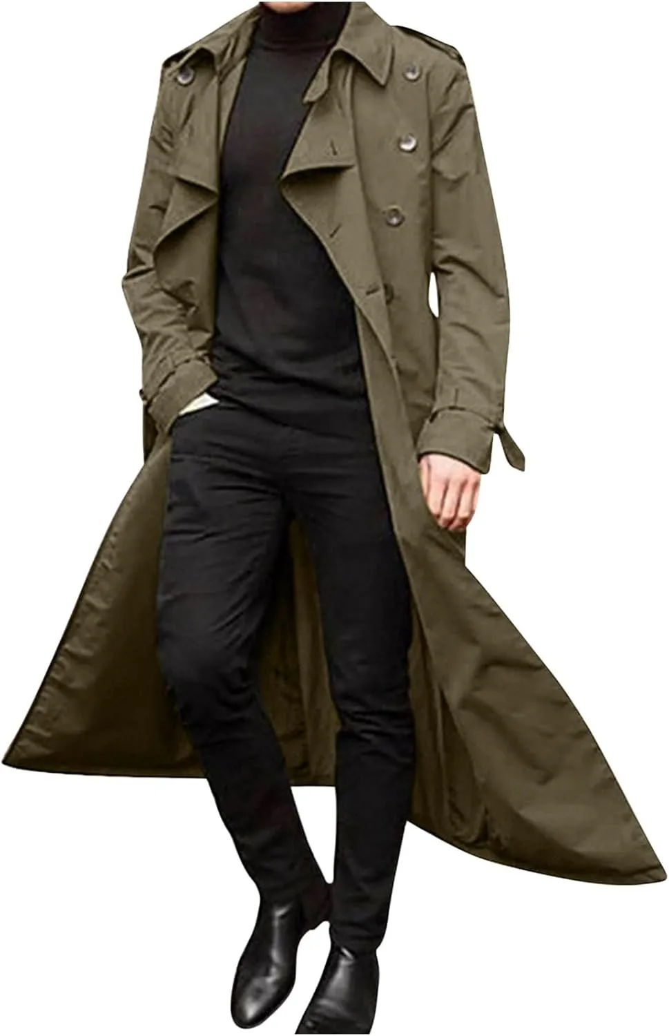Xiaojmake Men's Slim Fit Trench Coat Double Breasted Mid-Long Jacket Notched Lapel Belted Windbreaker Fall Windproof Coat Top
