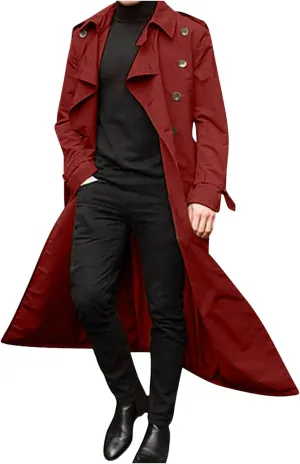 Xiaojmake Men's Slim Fit Trench Coat Double Breasted Mid-Long Jacket Notched Lapel Belted Windbreaker Fall Windproof Coat Top