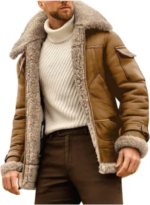 XIAXOGOOL Winter Coat For Men Big And Tall Faux Suede Fur Jacket Lapel Heavyweight Thicken Thermal Sherpa Lined Overcoat